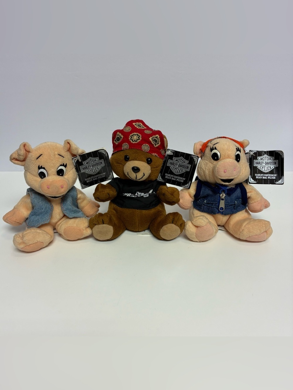 Harley Davidson Motorcycles 1997 Bean Bag Plush Bear Pigs Bandana Vests Tags Vtg